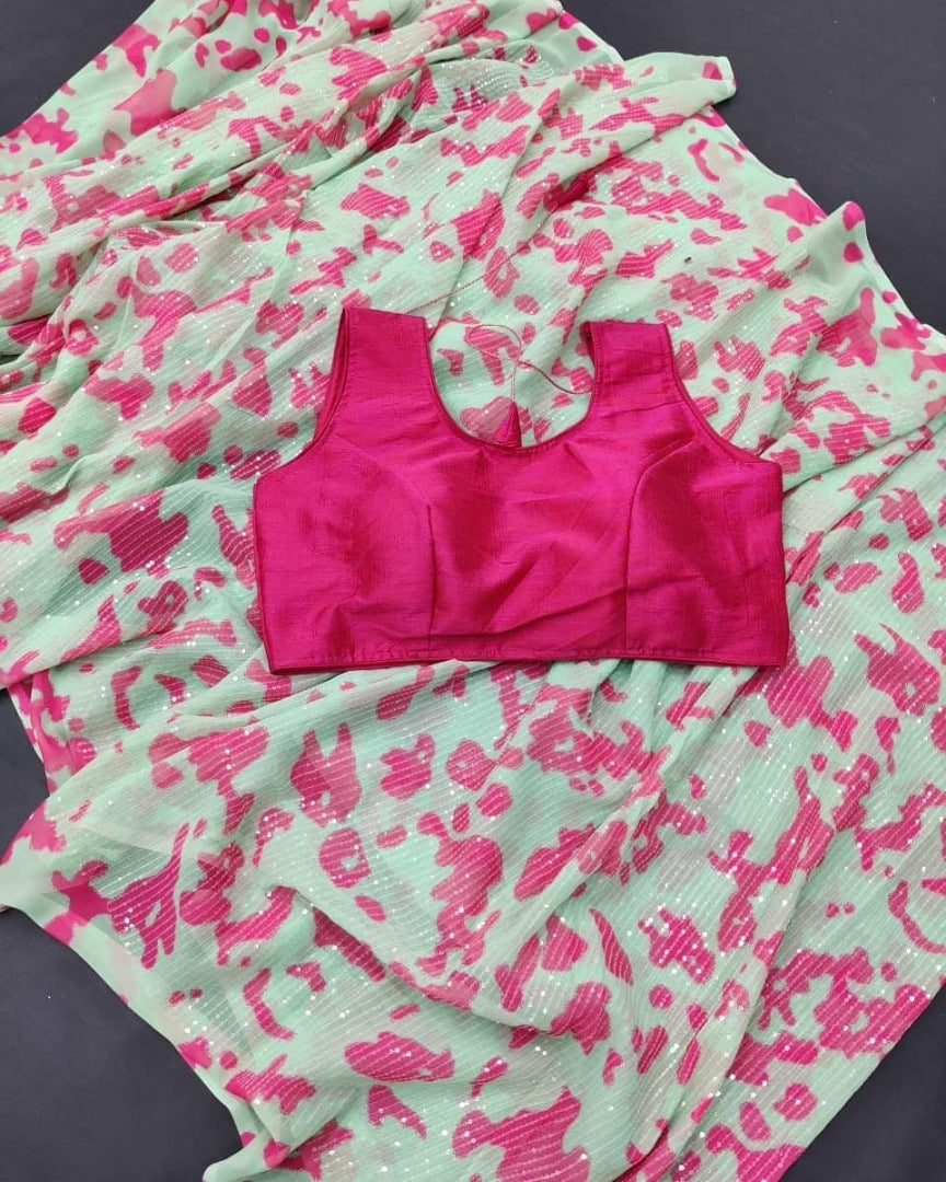 Sea green heavy moss georgette sequence printed saree