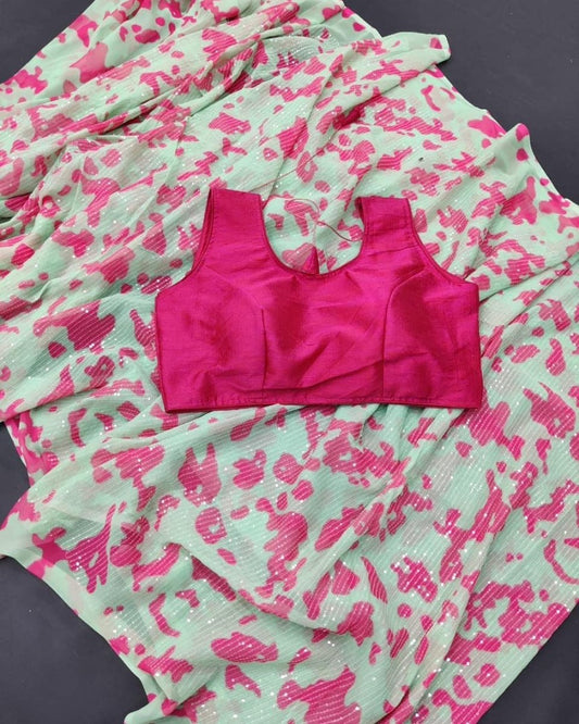 Sea green heavy moss georgette sequence printed saree