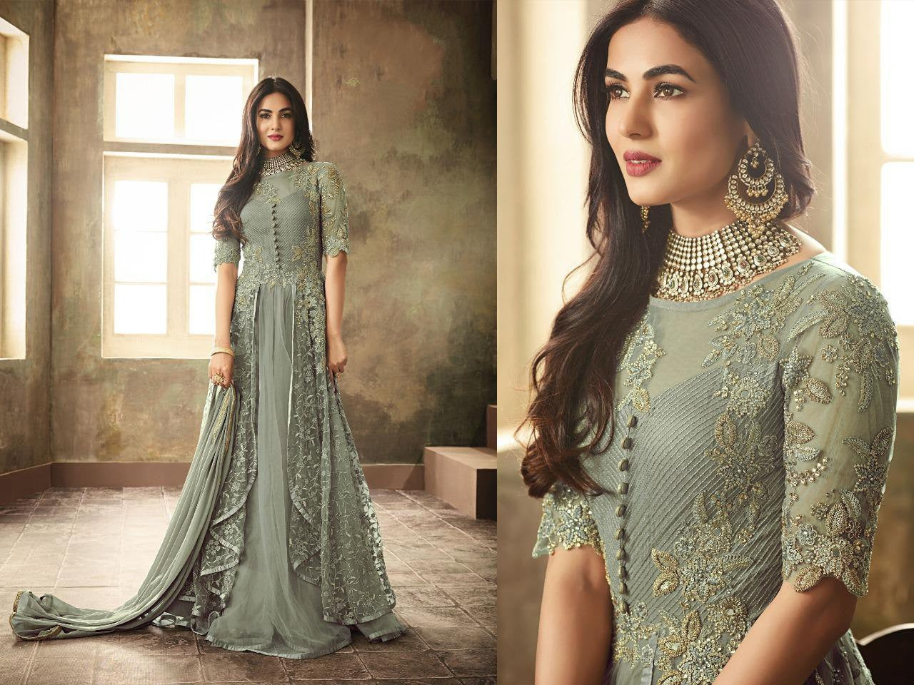 Sea green heavy net embroidery and stone worked designer gown with dupatta