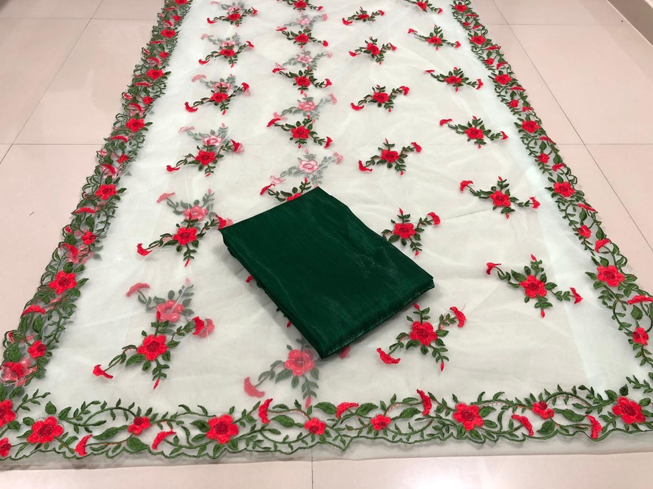 Sea green heavy net red flower embroidered saree