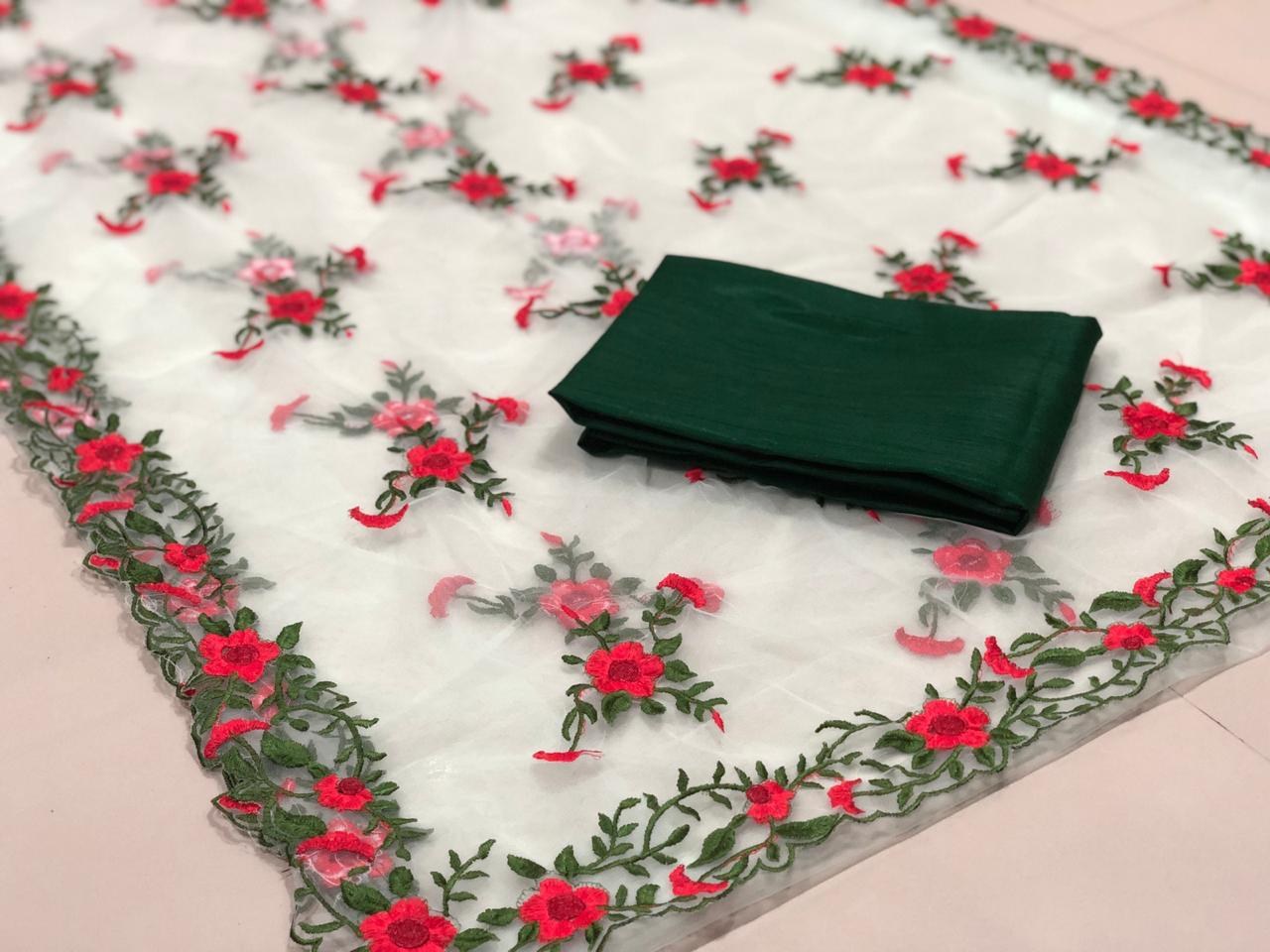 Sea green heavy net red flower embroidered saree