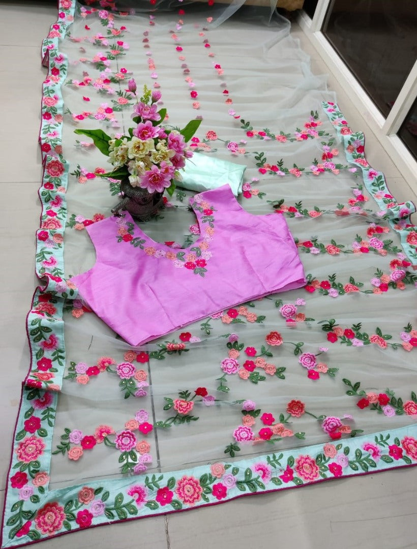 Sea green heavy nylon butterfly embroidered saree