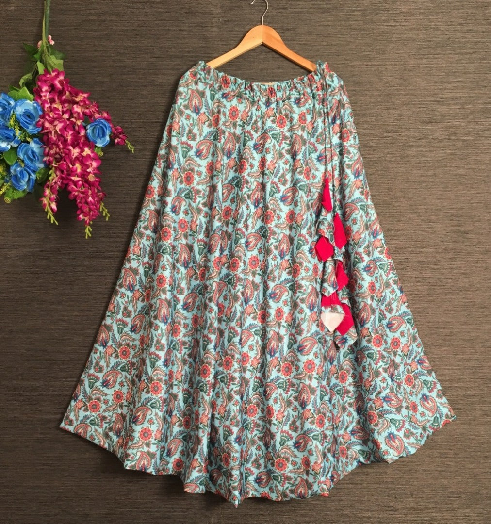 Sea green heavy rayon kalamkari printed skirt