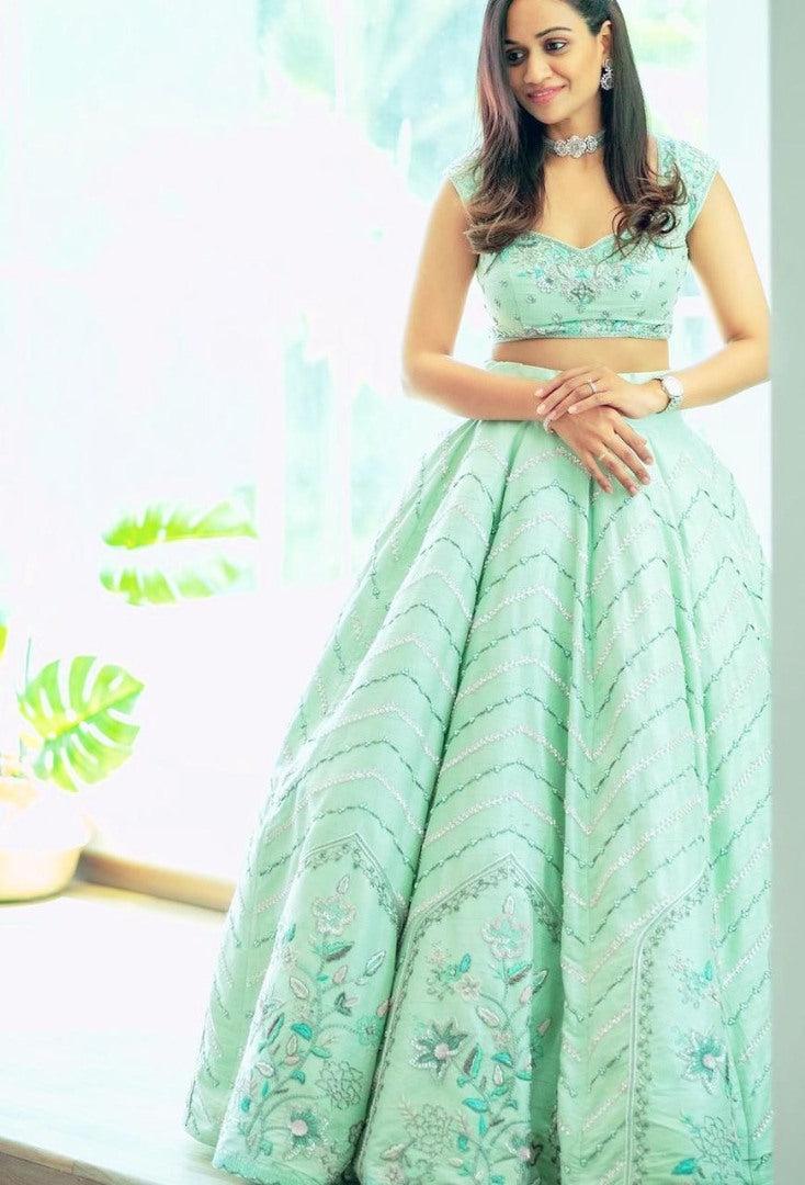 Sea green heavy taffeta silk with embroidered work lehenga choli