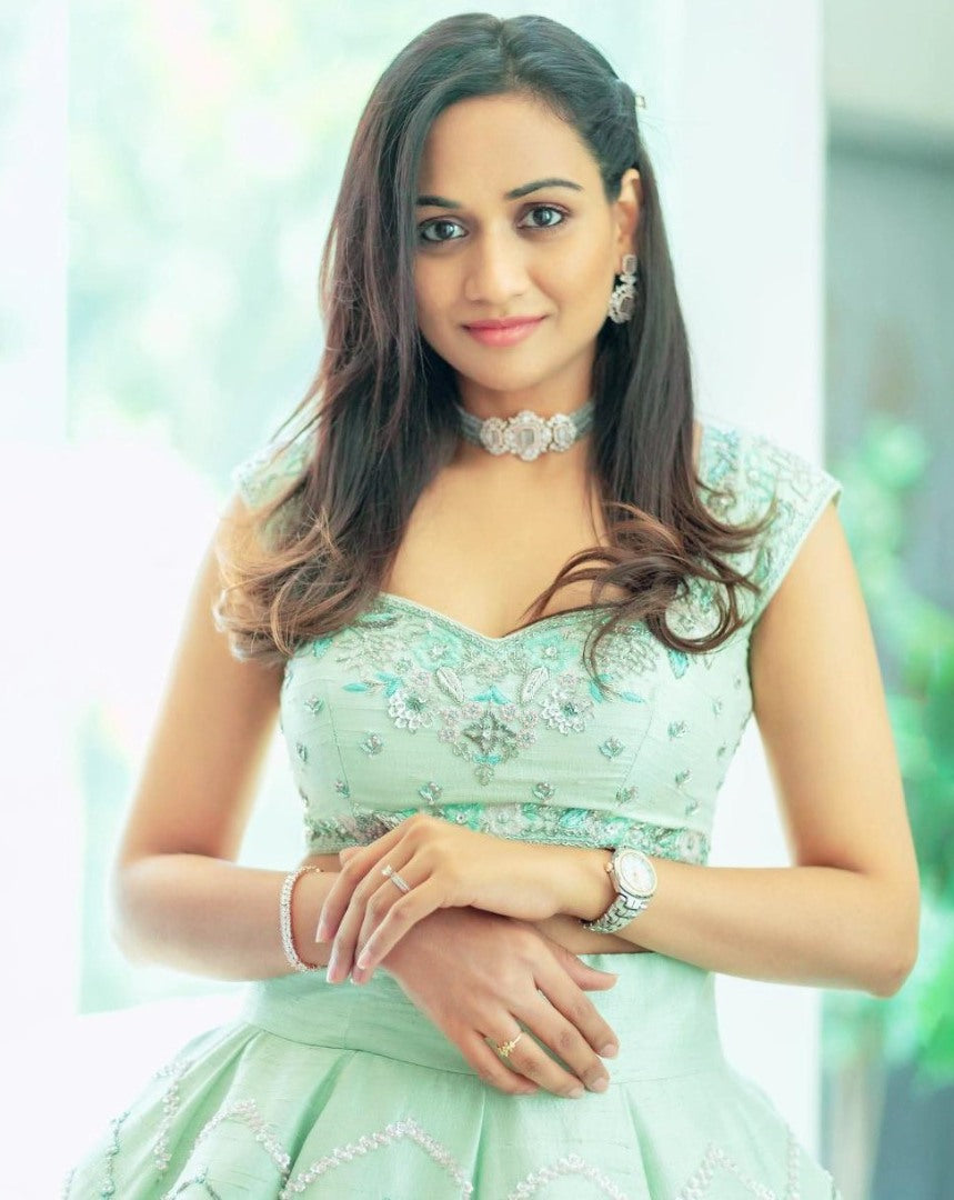 Sea green heavy taffeta silk with embroidered work lehenga choli