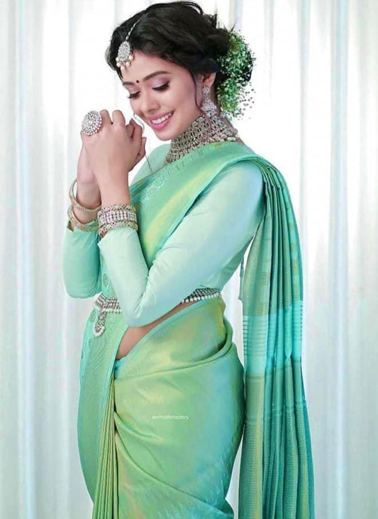 Sea green lichi silk jacquard weaving work wedding sare