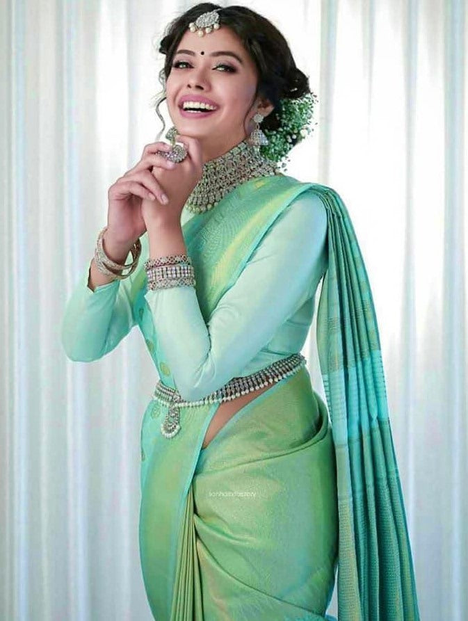 Sea green lichi silk jacquard weaving work wedding sare