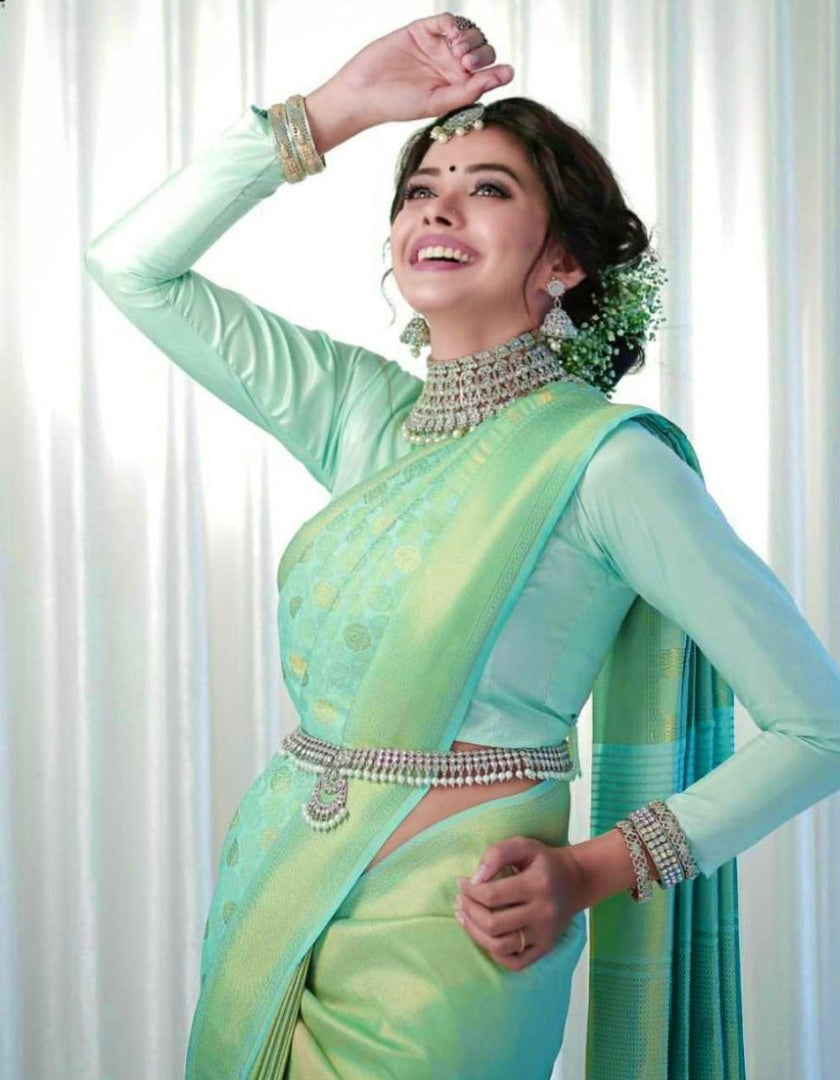 Sea green lichi silk jacquard weaving work wedding sare