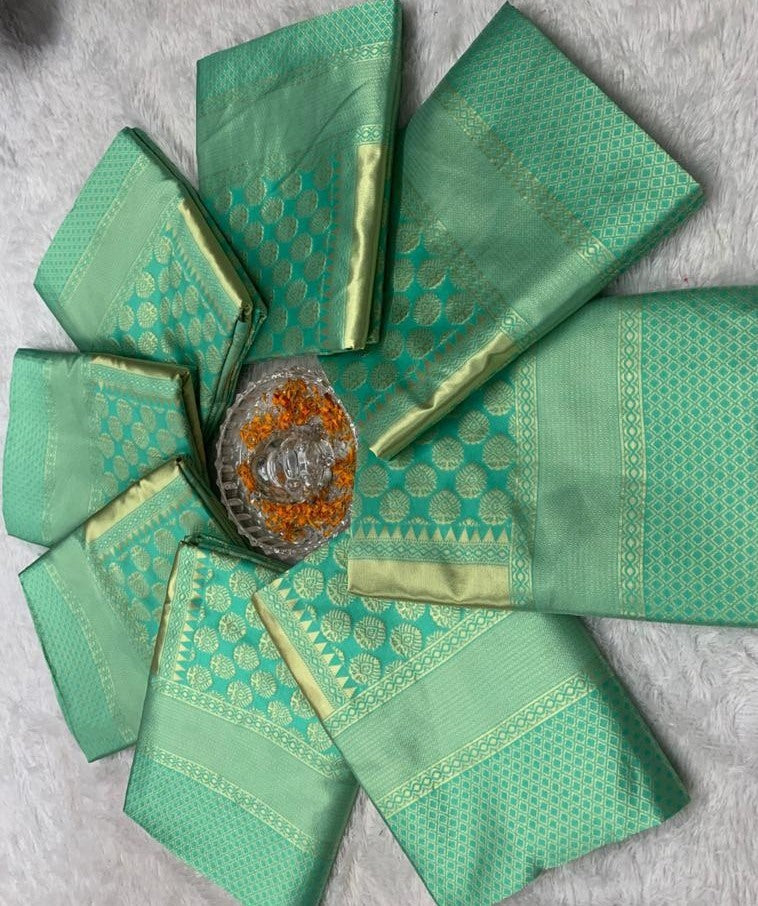 Sea green lichi silk jacquard weaving work wedding sare