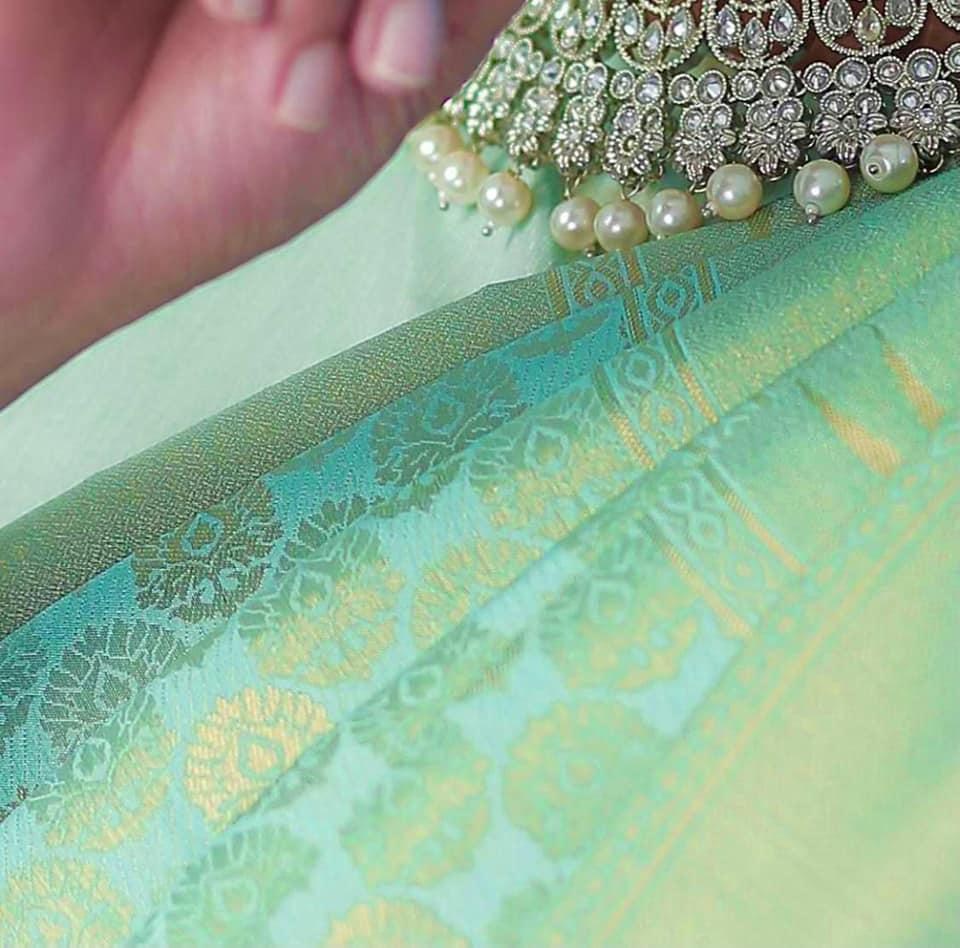 Sea green lichi silk jacquard weaving work wedding sare