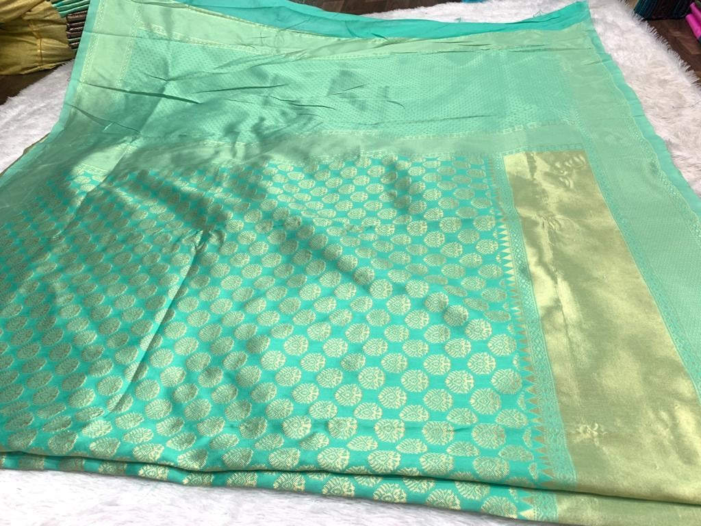 Sea green lichi silk jacquard weaving work wedding sare
