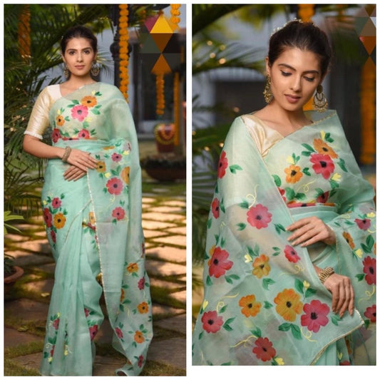 Sea green multicolor flower printed organza saree