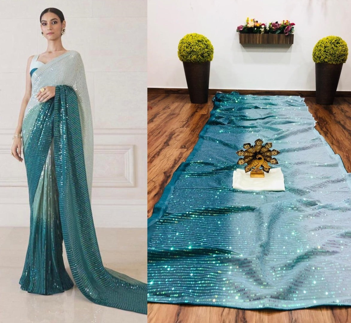 Sea green multishaded sequence work ceremonial saree