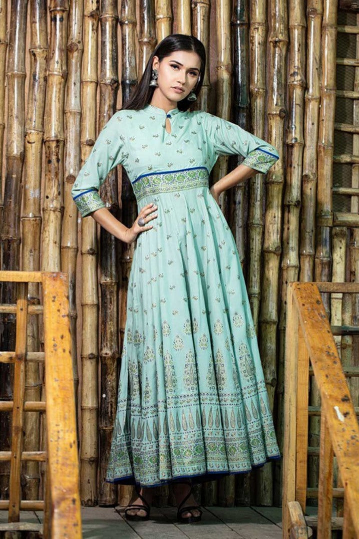 sea green muslin cotton digital printed casual wear gown