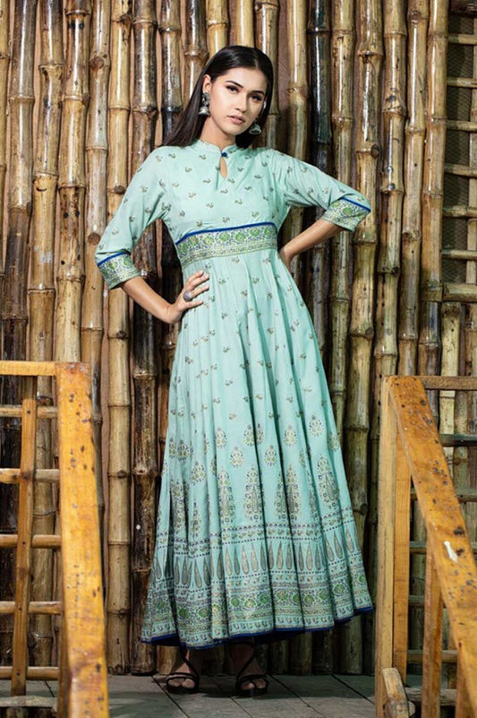 sea green muslin cotton digital printed casual wear gown