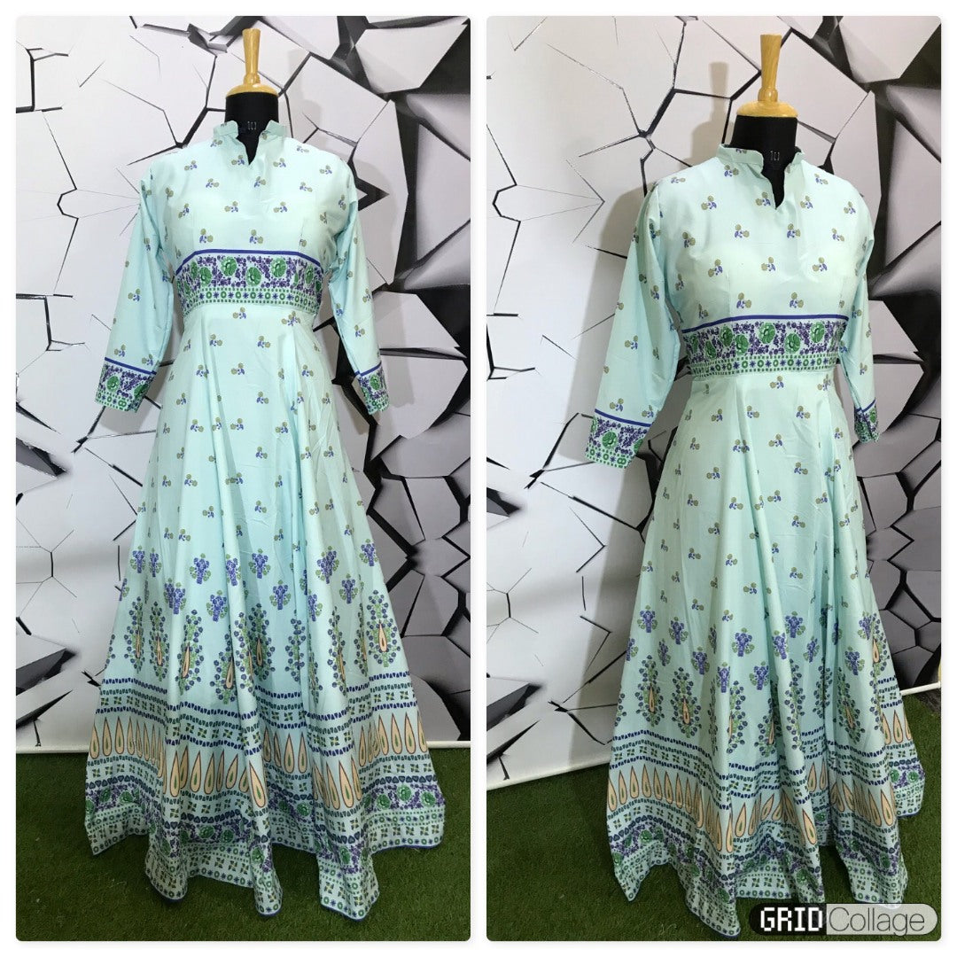 sea green muslin cotton digital printed casual wear gown