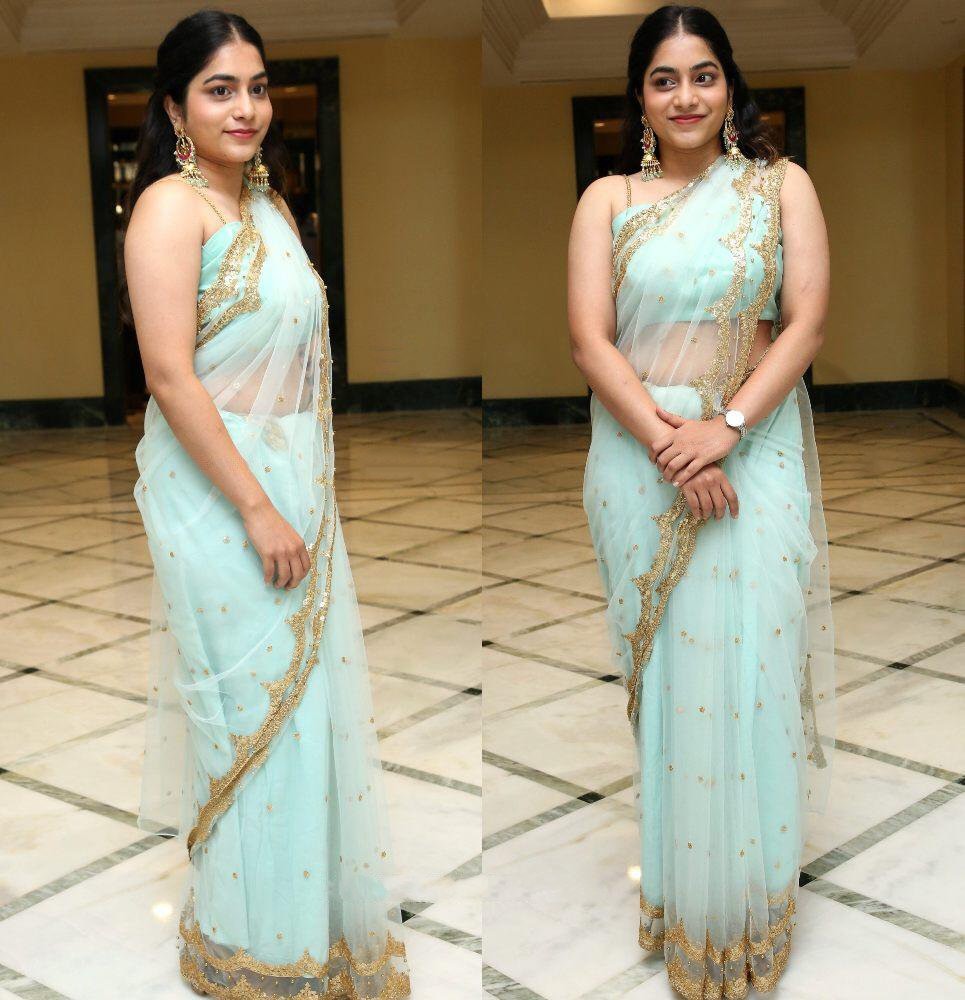 Sea green net embroidered saree