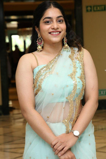 Sea green net embroidered saree