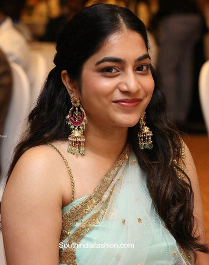 Sea green net embroidered saree