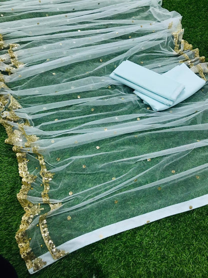 Sea green net embroidered saree