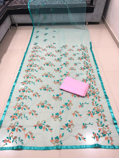Sea green net heavy floral embroidered stylist saree
