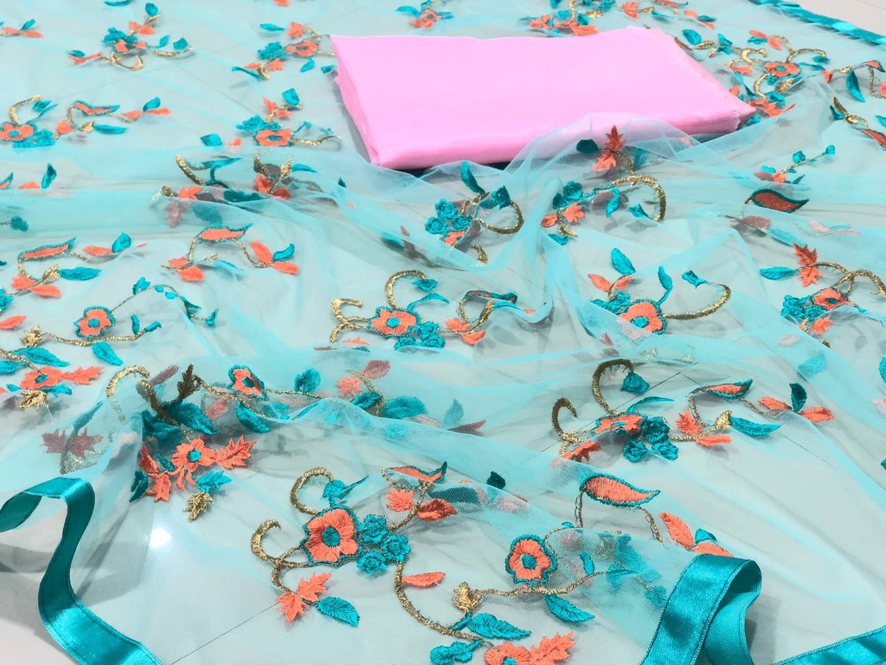 Sea green net heavy floral embroidered stylist saree