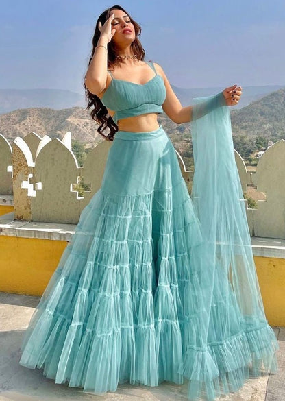 Sea green net ruffle lehenga choli