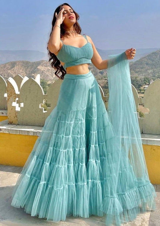 Sea green net ruffle lehenga choli