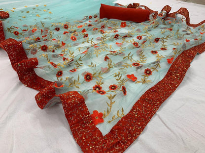 Sea green net sequence and embroidery worked wedding saree