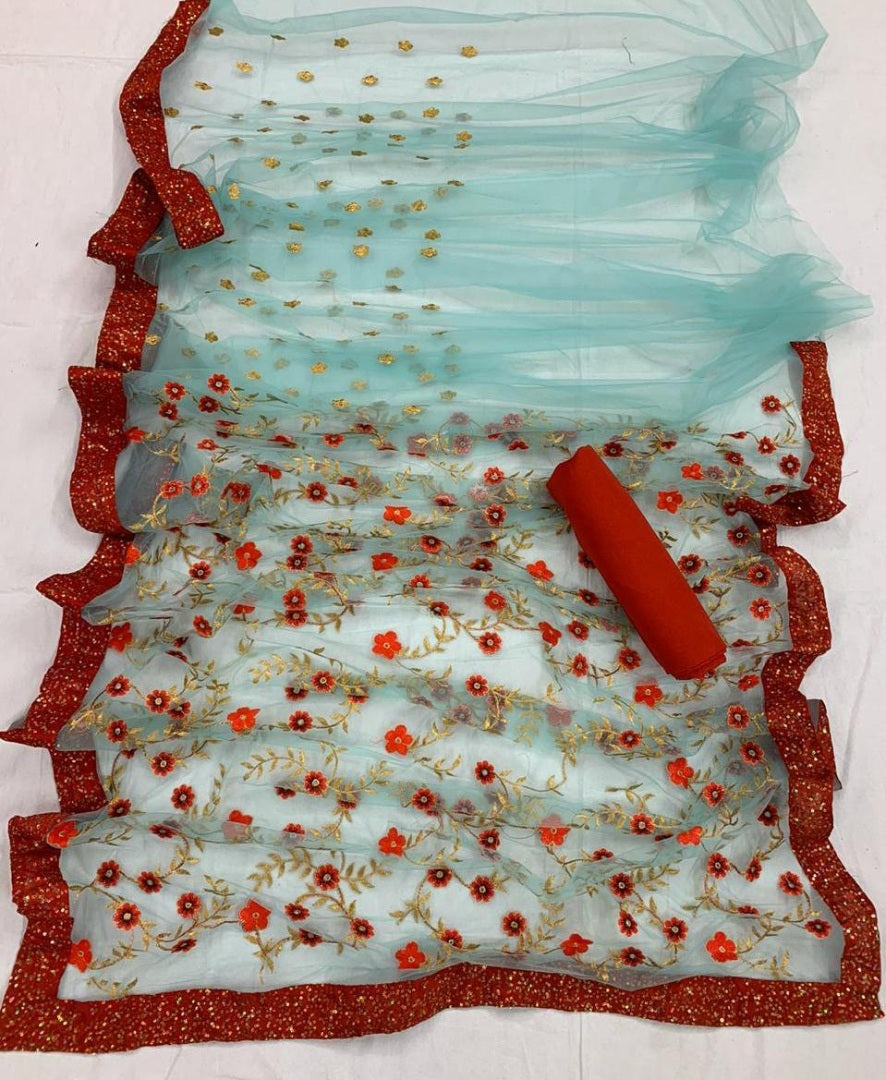 Sea green net sequence and embroidery worked wedding saree