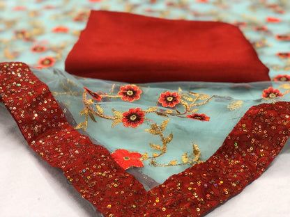 Sea green net sequence and embroidery worked wedding saree