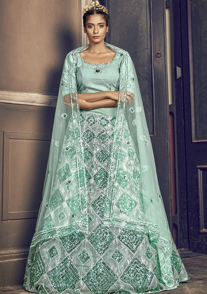 Sea green net sequence embroidered work party wear lehenga choli
