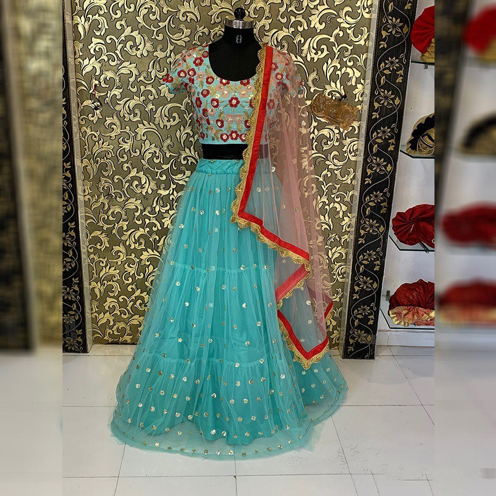 Sea green net sequence work ceremonial lehenga choli