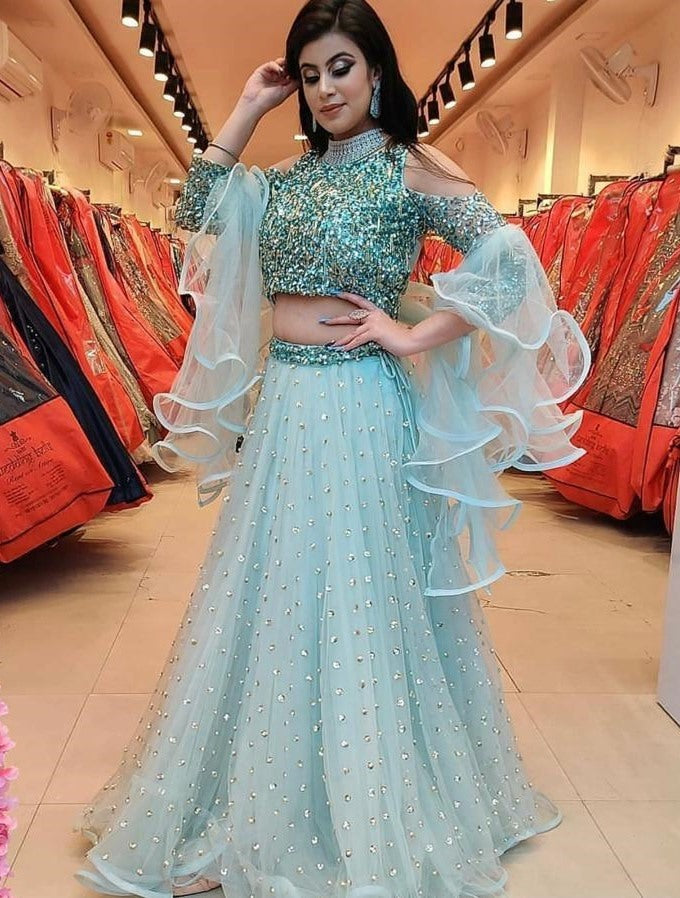 Sea green net sequence work party wear lehenga choli