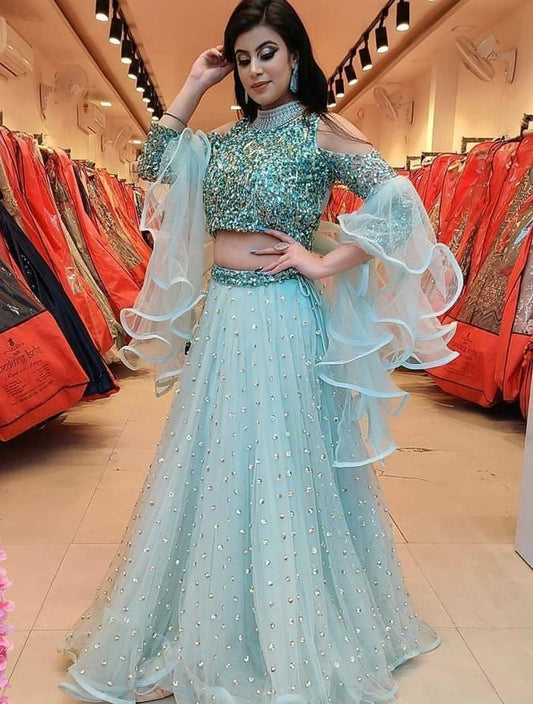Sea green net sequence work party wear lehenga choli