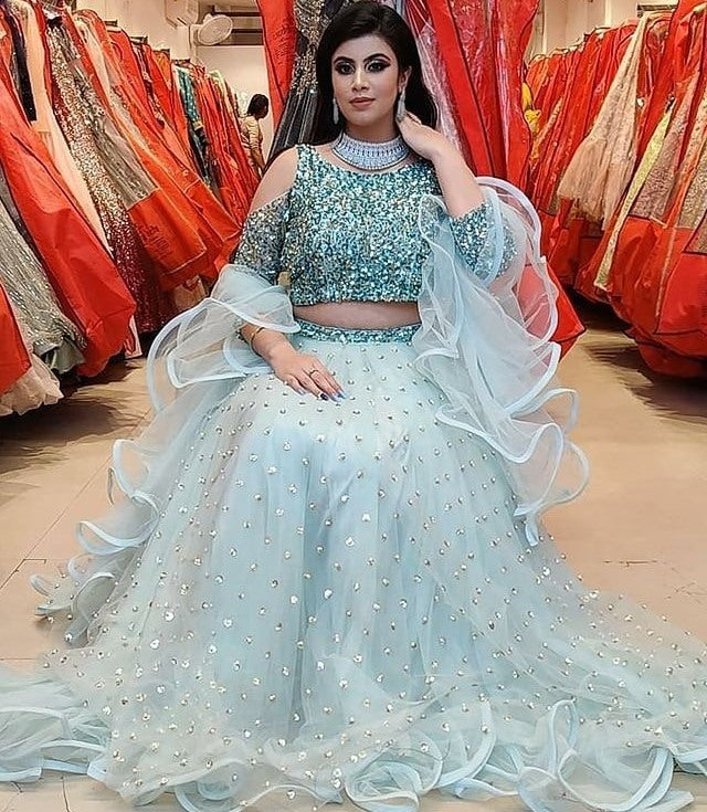 Sea green net sequence work party wear lehenga choli