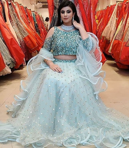 Sea green net sequence work party wear lehenga choli