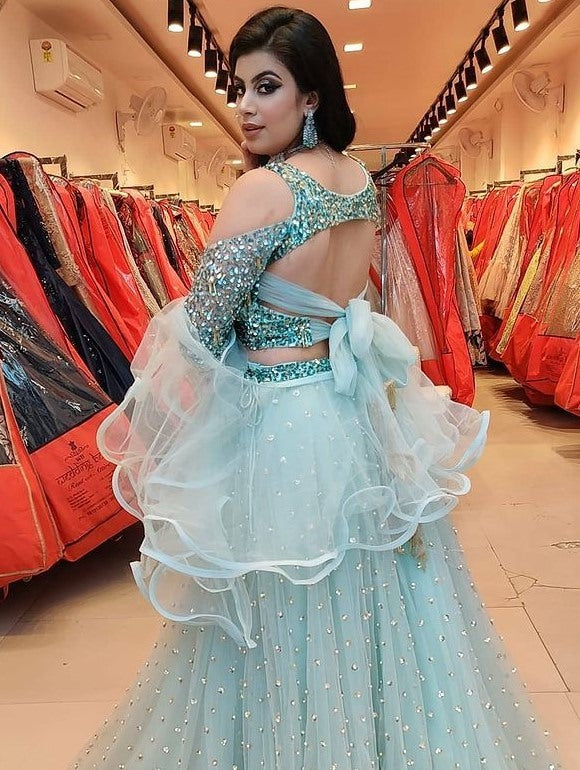 Sea green net sequence work party wear lehenga choli