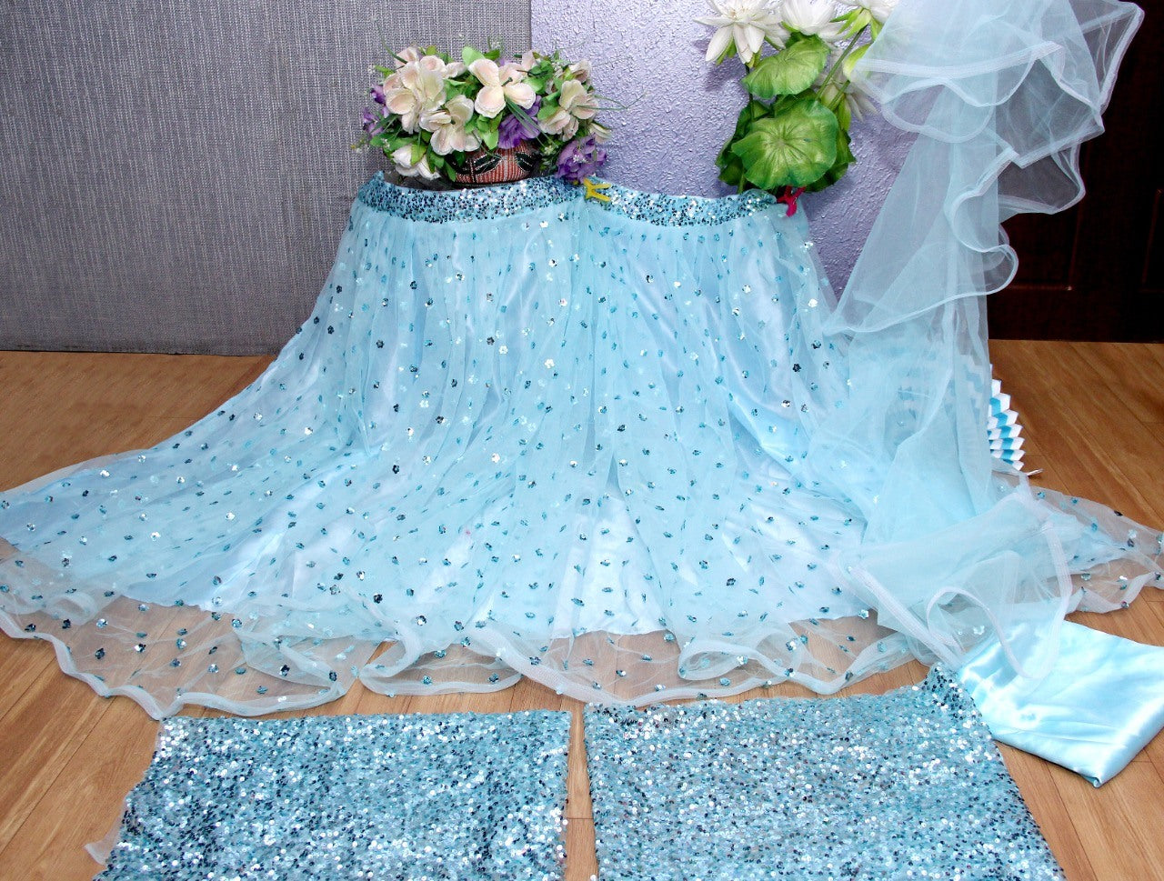 Sea green net sequence work party wear lehenga choli