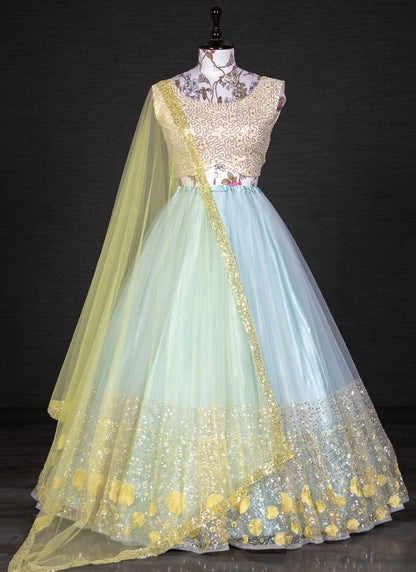 Sea green net sequins embroidered work lehenga choli