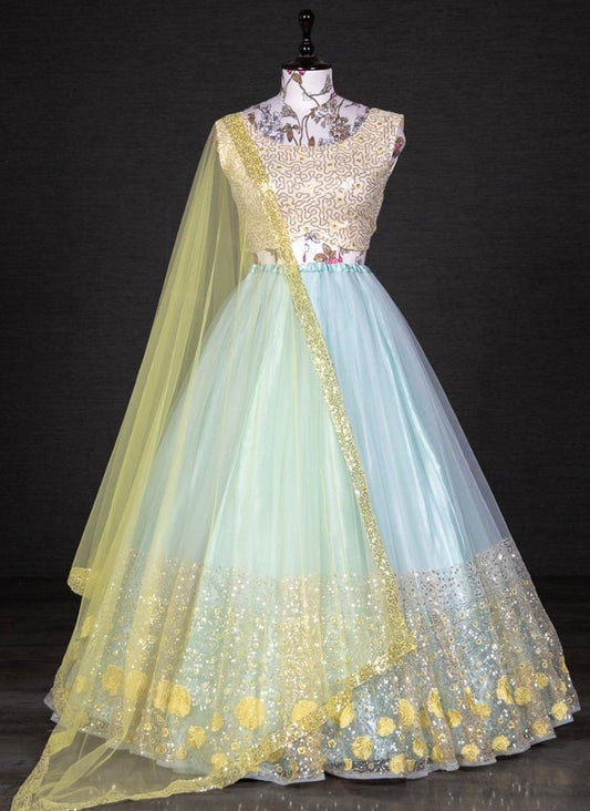 Sea green net sequins embroidered work lehenga choli