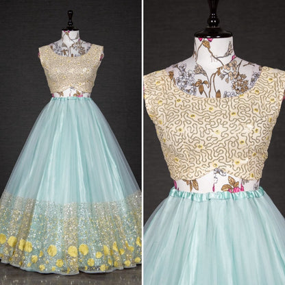 Sea green net sequins embroidered work lehenga choli