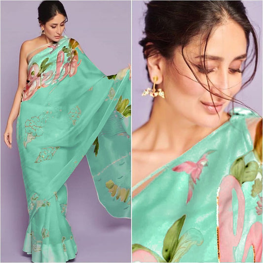 Sea green organza digital printed saree