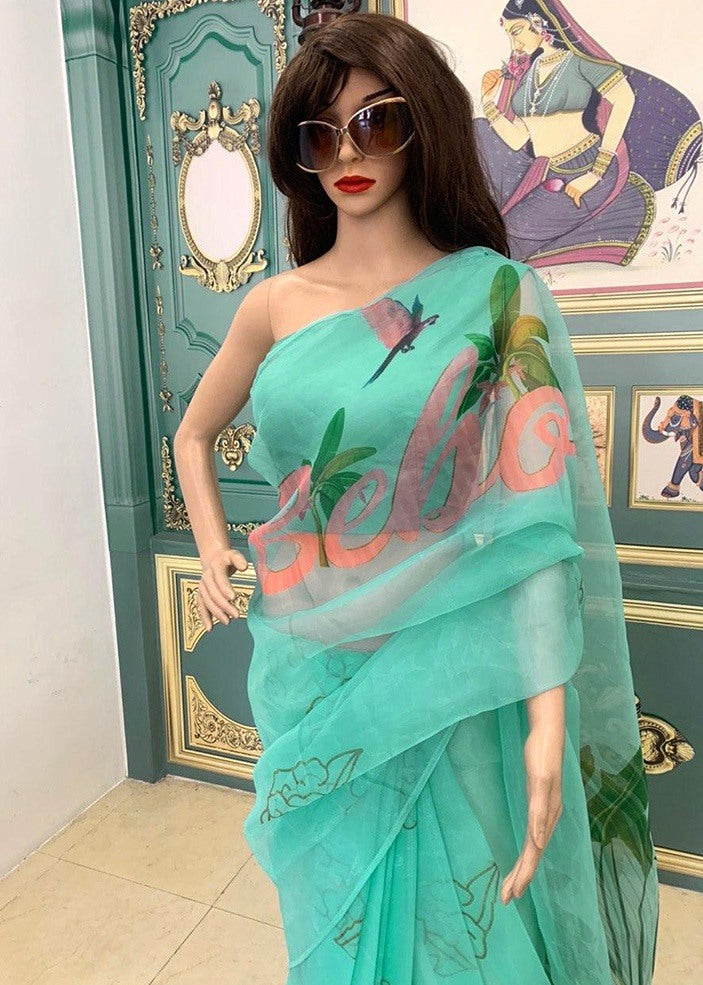 Sea green organza digital printed saree