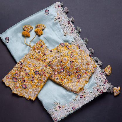 Sea green organza embroidered sequence work party wear saree