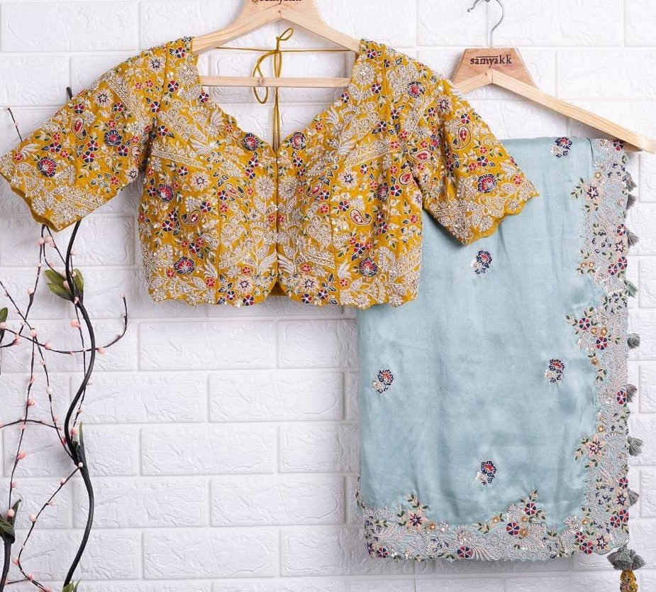 Sea green organza embroidered sequence work party wear saree