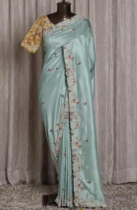 Sea green organza embroidered sequence work party wear saree