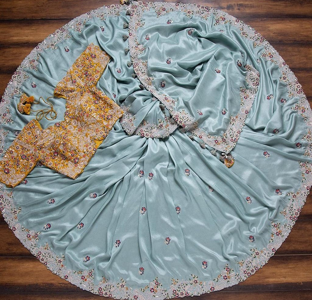 Sea green organza embroidered sequence work party wear saree