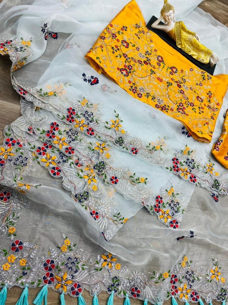 Sea green organza embroidered sequence work party wear saree