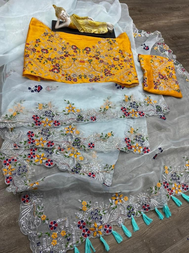 Sea green organza embroidered sequence work party wear saree